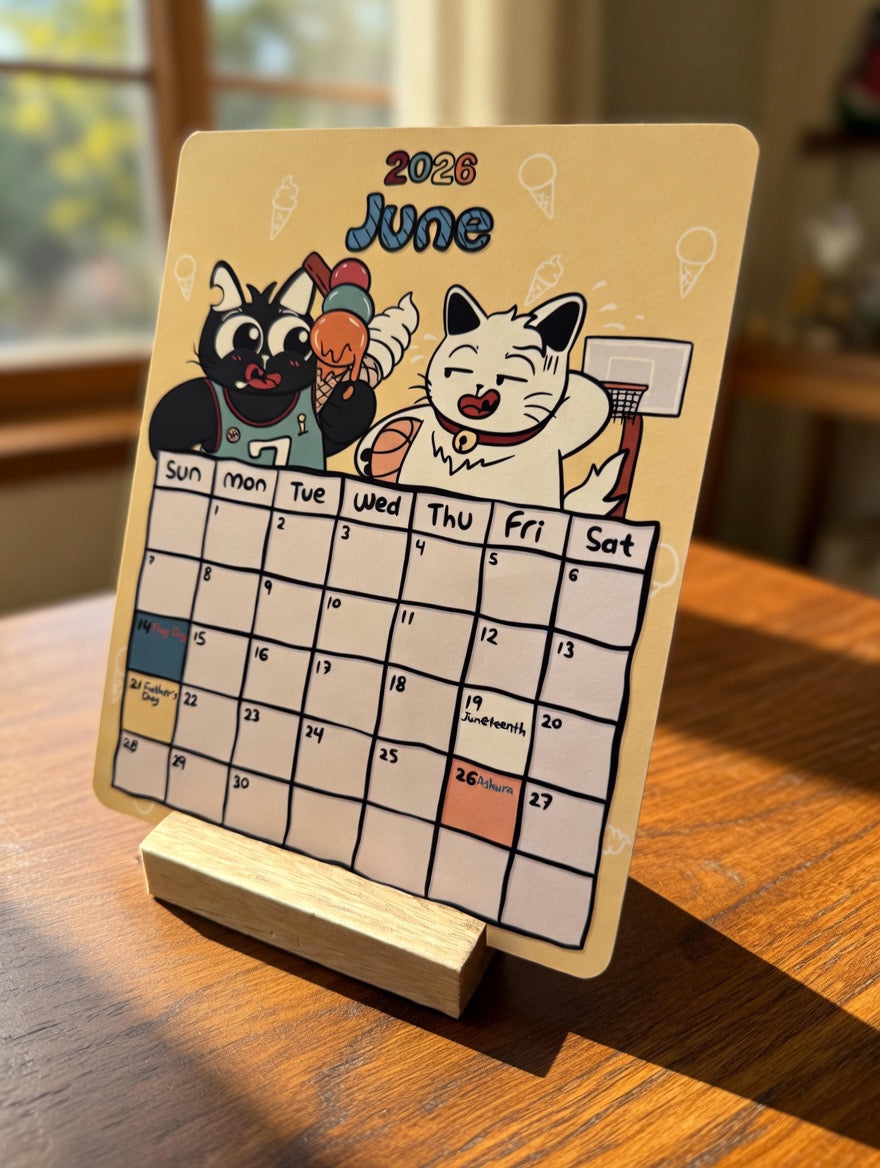 Cat-Themed Desk Calender with Wooden Base
