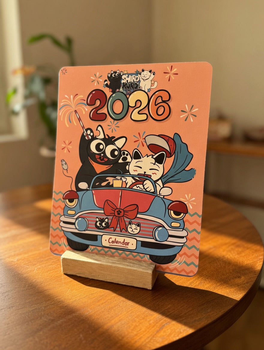 Cat-Themed Desk Calender with Wooden Base