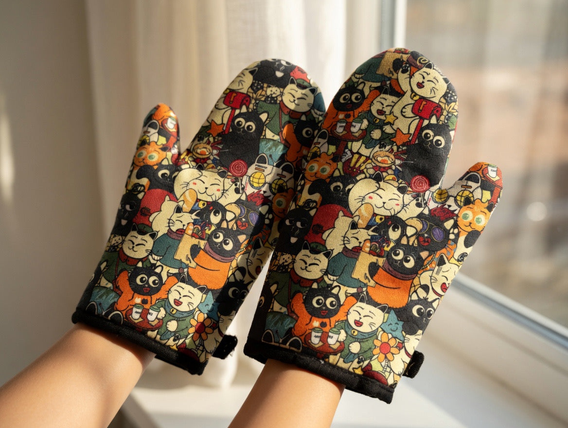 Cat-Themed Oven Mitts Set (Pair)