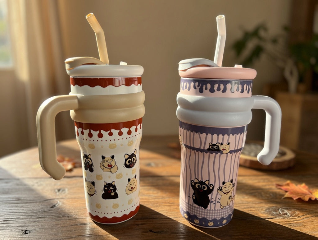 Cat-Themed Insulated Tumbler with Straw