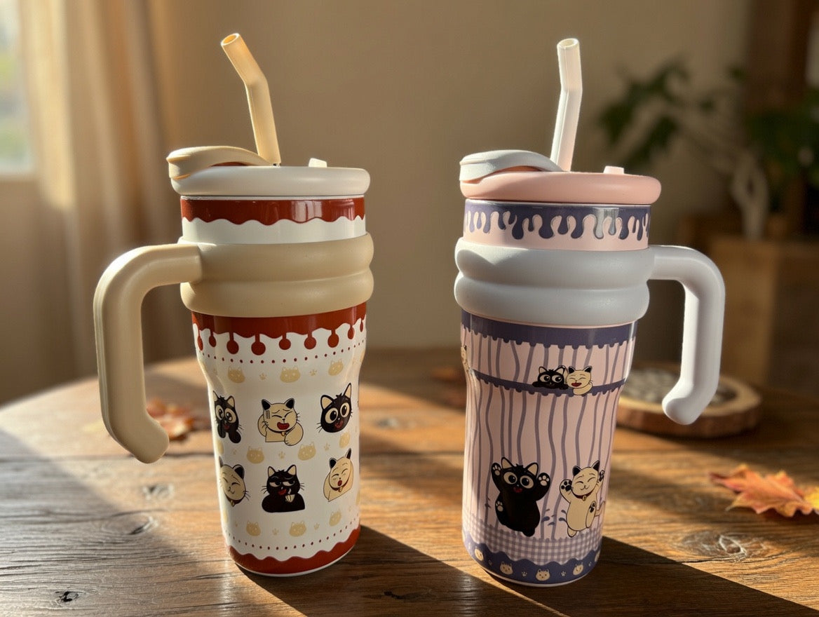 Cat-Themed Insulated Tumbler with Straw
