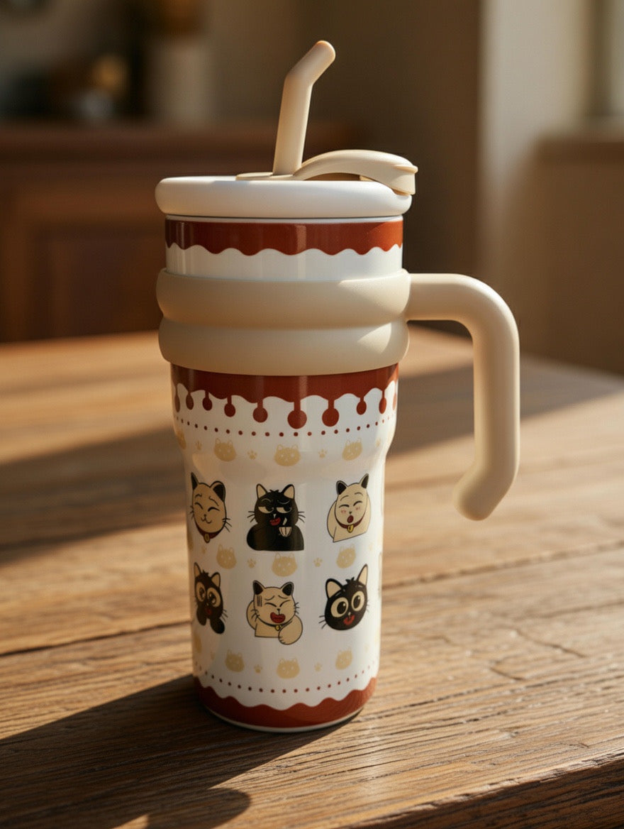 Cat-Themed Insulated Tumbler with Straw