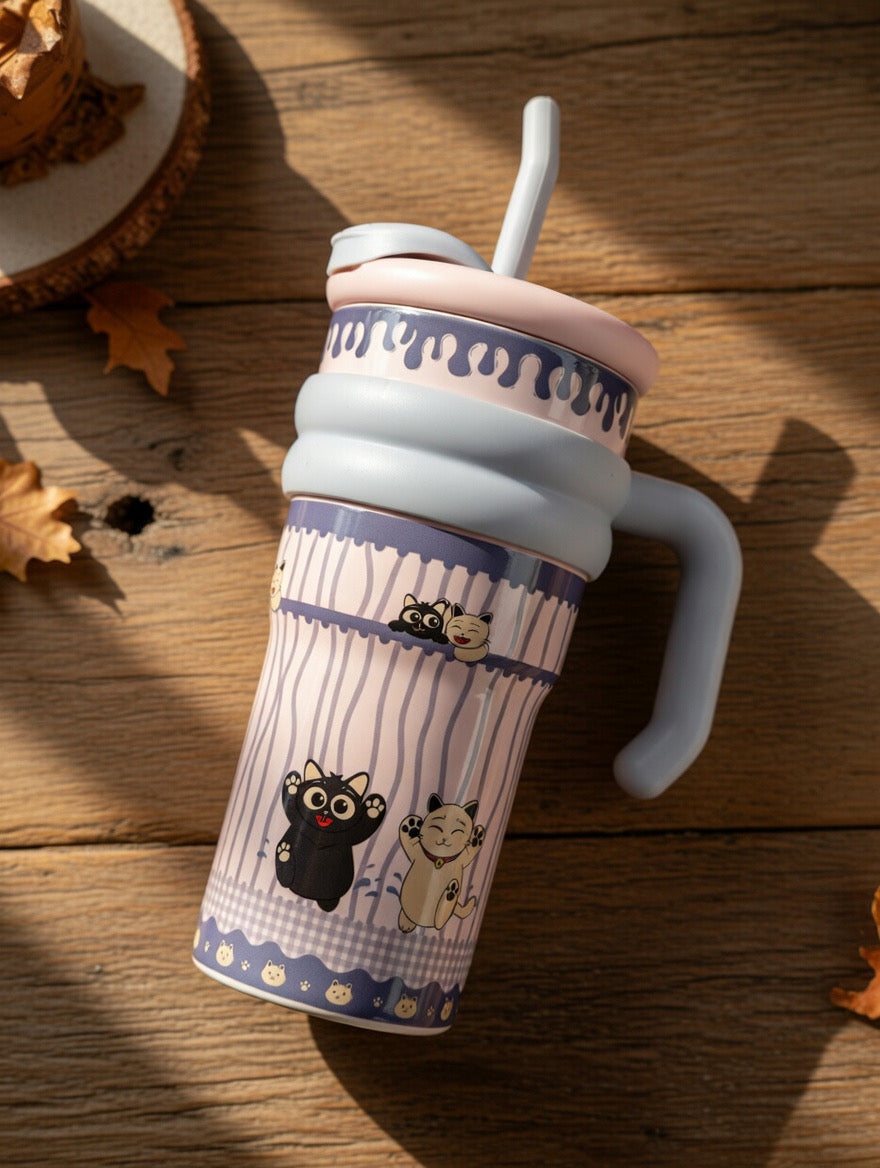 Cat-Themed Insulated Tumbler with Straw