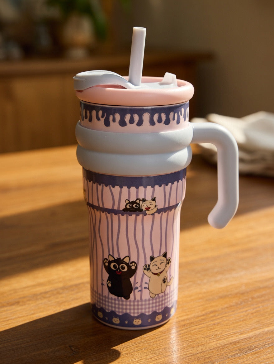 Cat-Themed Insulated Tumbler with Straw