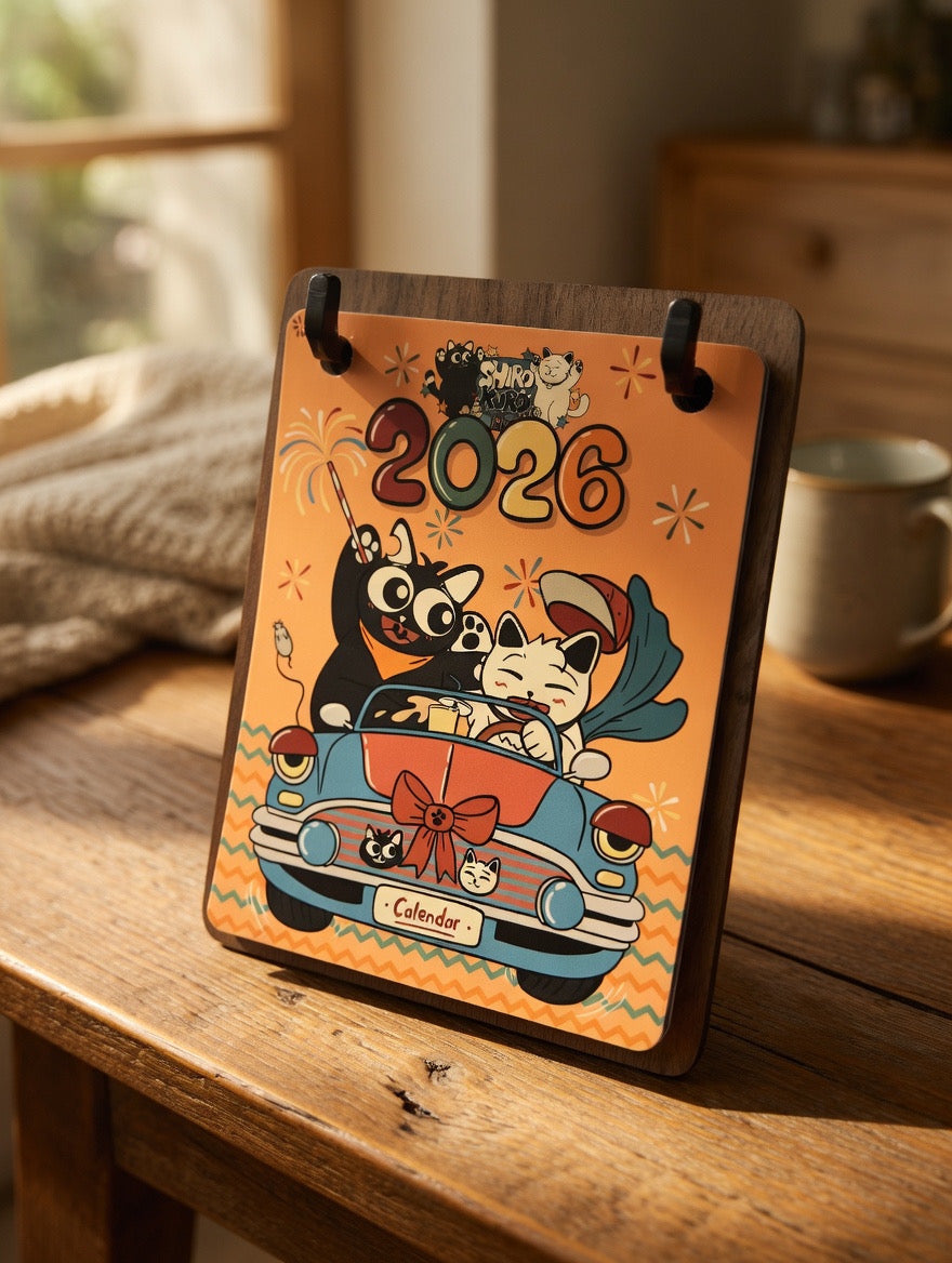 Cat-Themed Desk Calendar with Wooden Stand