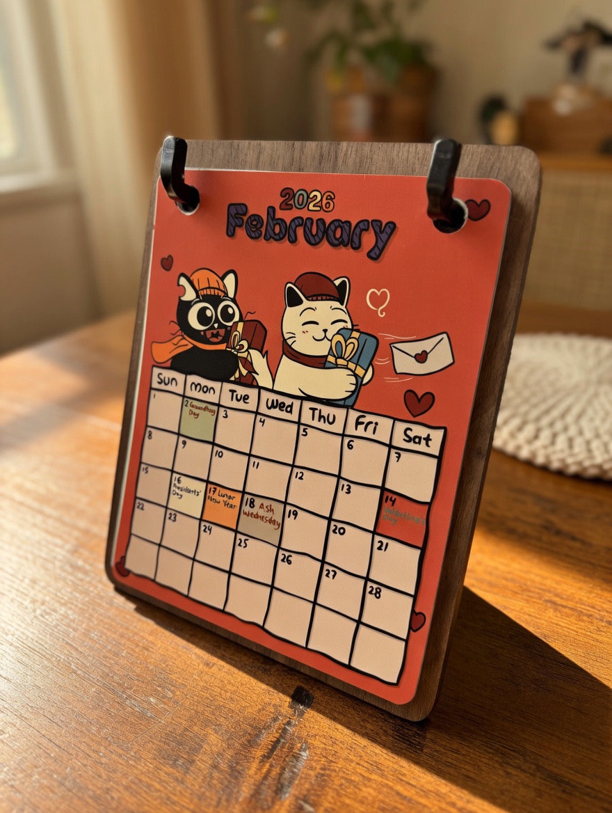 Cat-Themed Desk Calendar with Wooden Stand