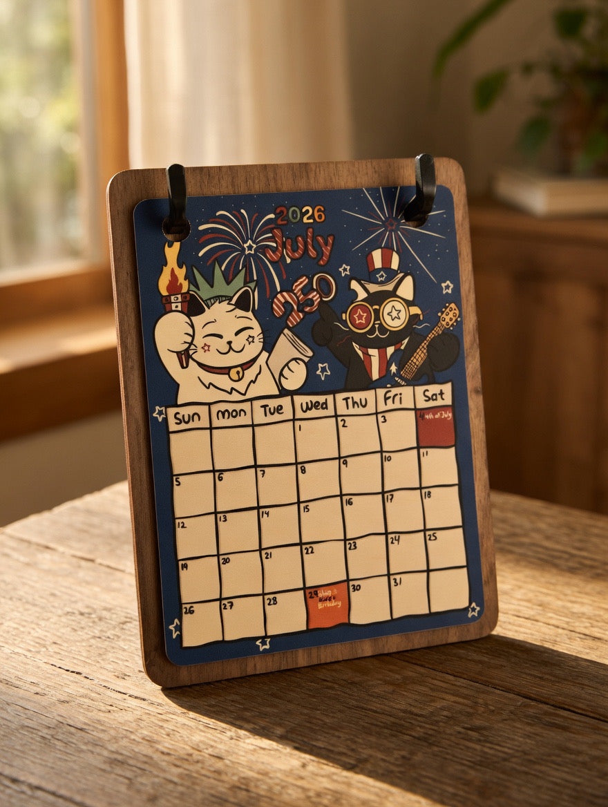 Cat-Themed Desk Calendar with Wooden Stand