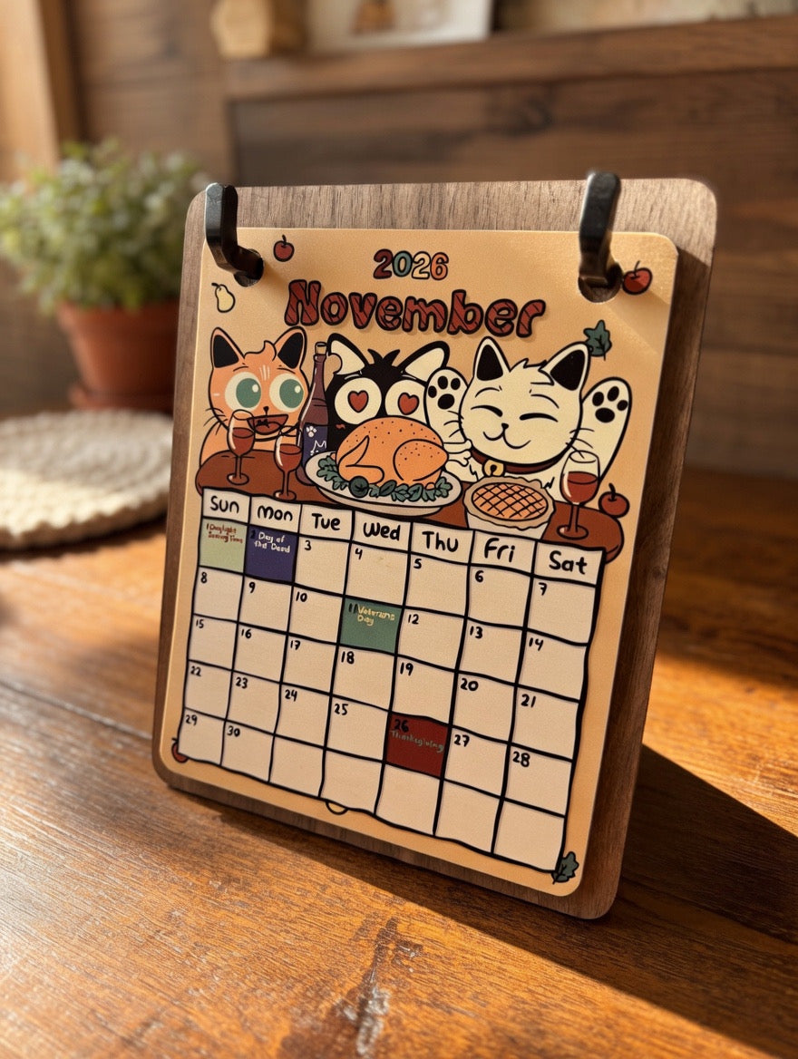 Cat-Themed Desk Calendar with Wooden Stand