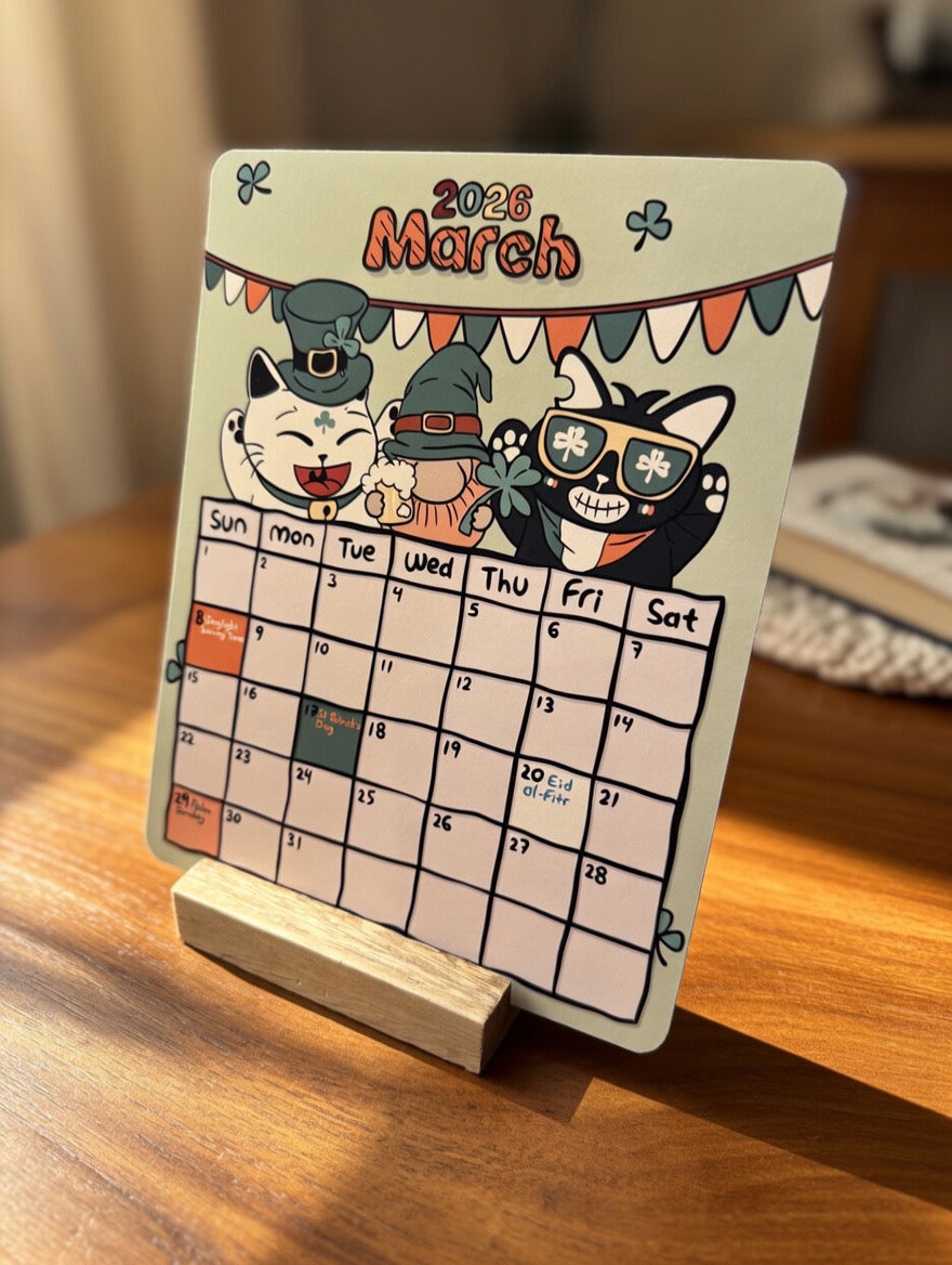 Cat-Themed Desk Calender with Wooden Base